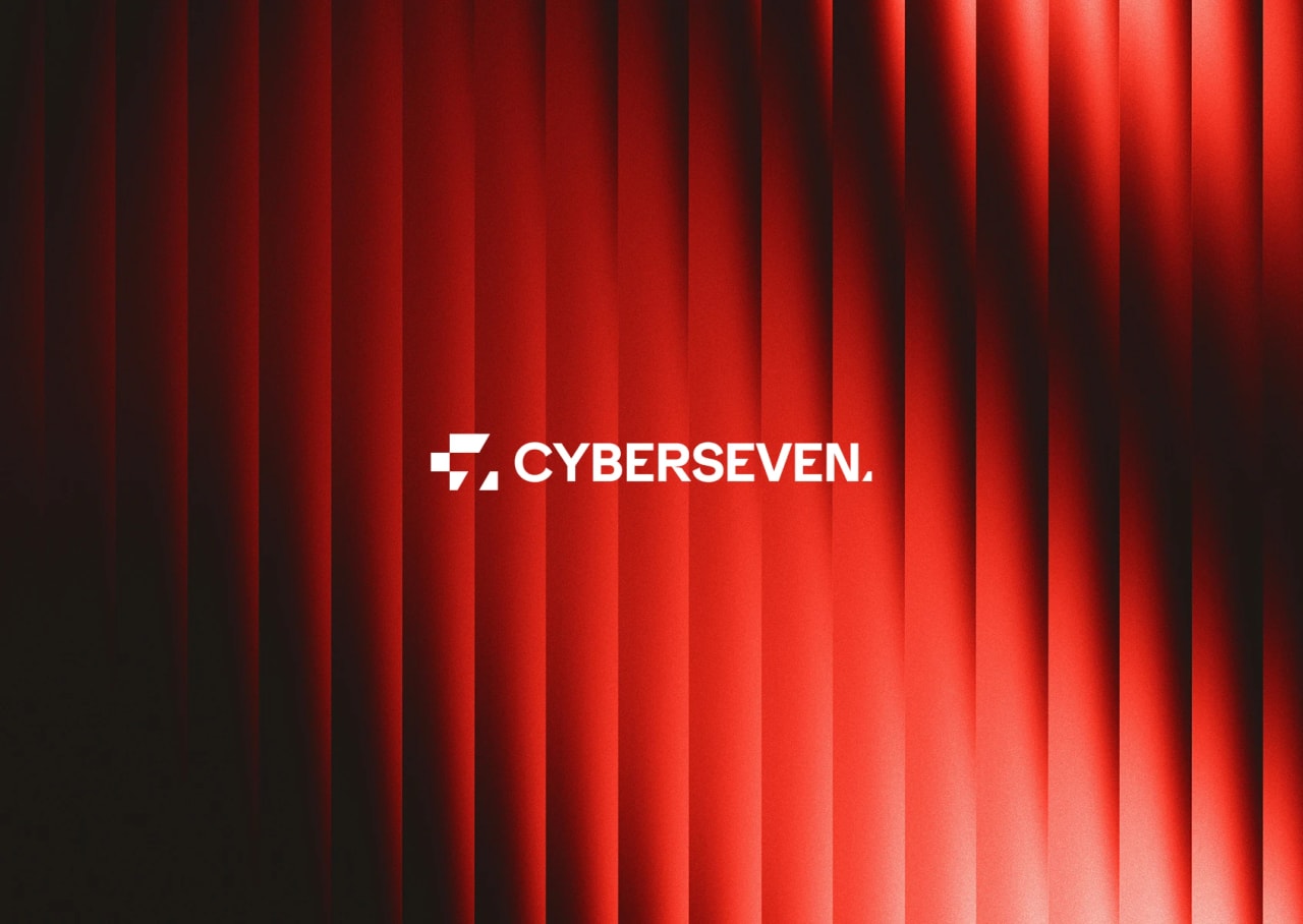 Cyberseven wordmark logo in white on a red pleated backdrop