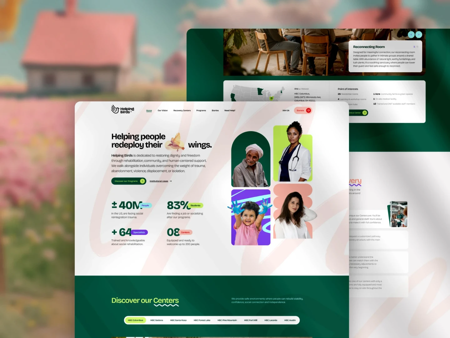 Helping Birds website homepage on two overlapping screens
