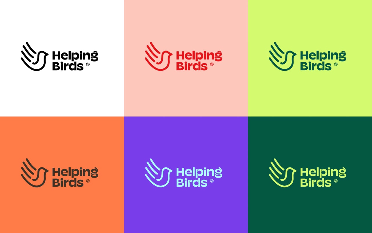 Helping Birds bird logo in six colourways on a tiled board