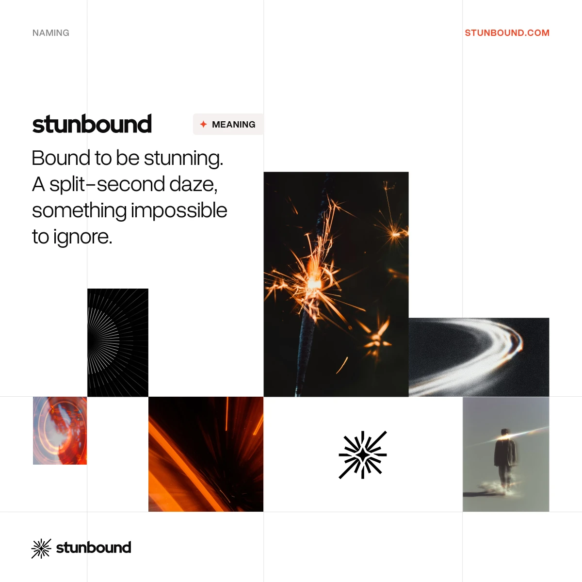 Stunbound naming board explaining the studio name over a collage of spark and motion imagery
