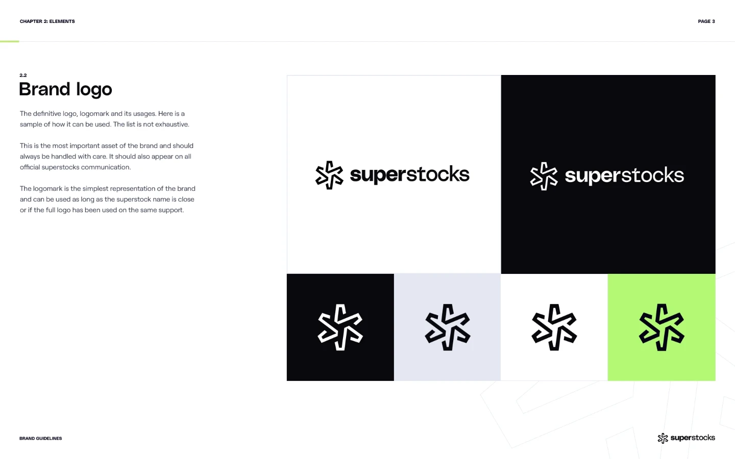 Superstocks brand guidelines page showing the logo variations