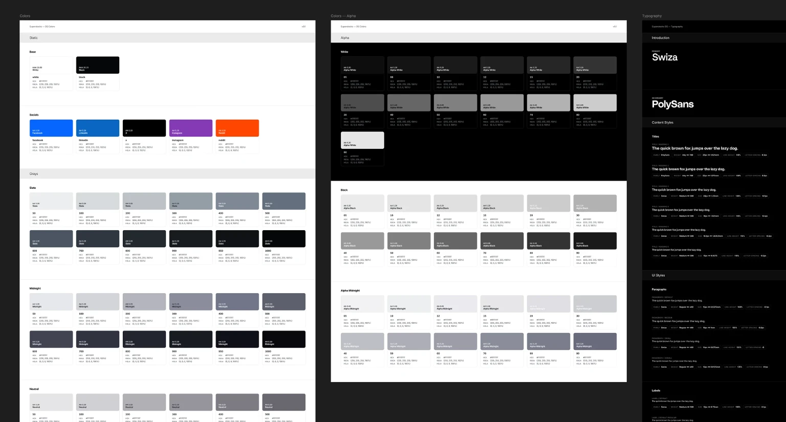 Superstocks design system sheets with colour palettes and typography