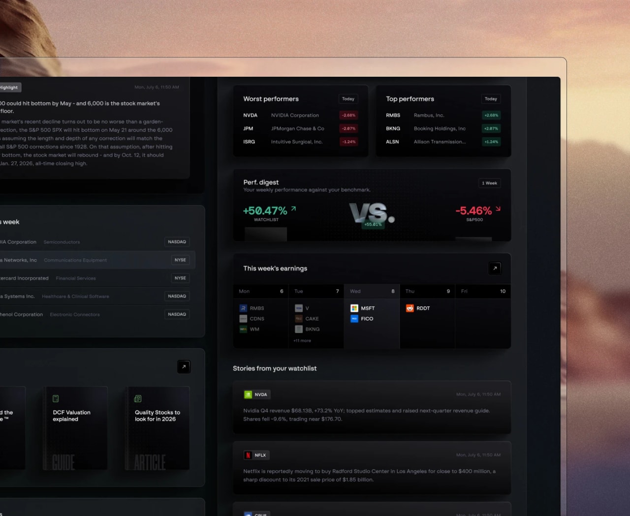 Superstocks investing app dashboard with performance and watchlist panels