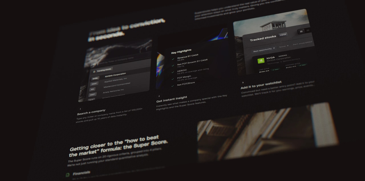 Superstocks landing page shown at an angle, highlighting its three-step flow