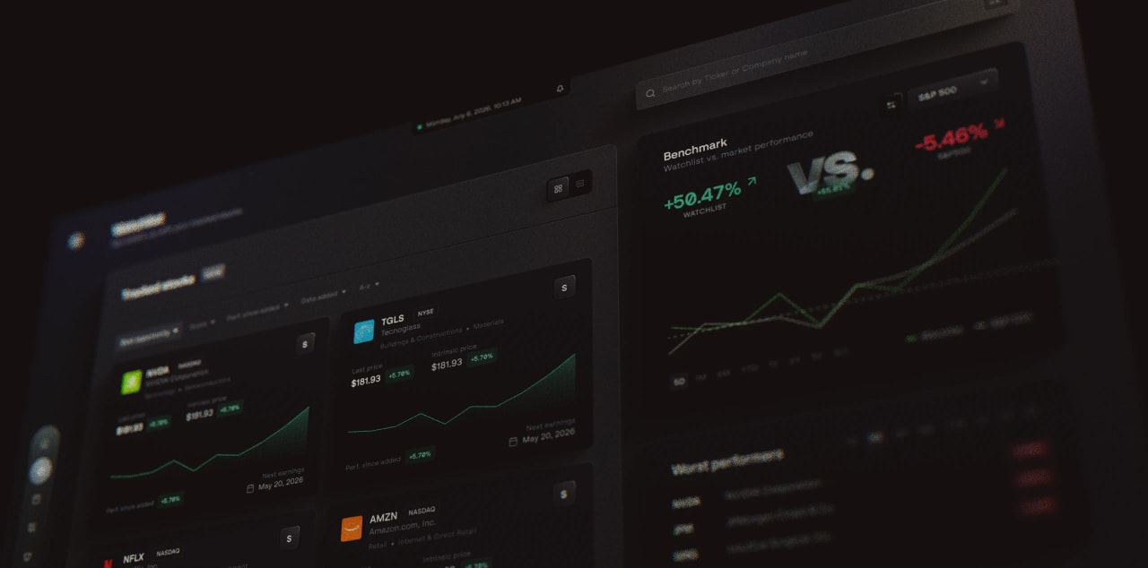 Superstocks watchlist dashboard shown at an angle with benchmark charts